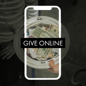 Cell phone and collection plate with text saying "Give Online"